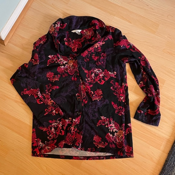Soma Other - Soma Black Floral Velvet-Feel Pajama Top with Red and Purple Scroll Print